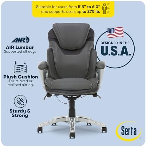 Serta Bryce Executive Office Chair - Ergonomic Computer Desk Chair with Patented AIR Lumbar Technology - Adjustable Height - Memory Foam Body Pillows - 360° Swivel Rolling Base - Bonded Leather - Gray — view 3