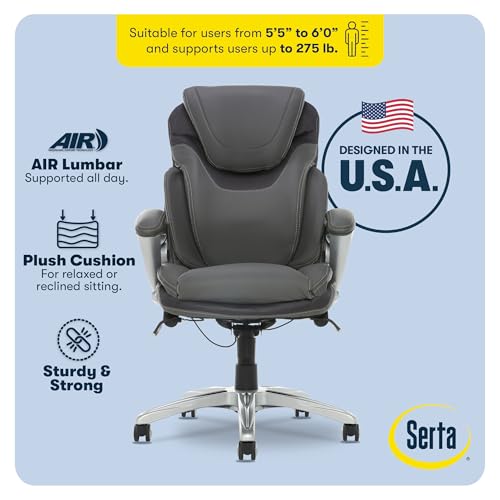Image of Serta Bryce Executive Office Chair - Ergonomic Computer Desk Chair with Patented AIR Lumbar Technology - Adjustable Height - Memory Foam Body Pillows - 360 Swivel Rolling Base - Bonded Leather - Gray
