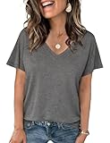 Crewhpo Camiseta Manga Corta Mujer Cuello en V Básico Blusa Verano Ligero Color Liso Camisetas Casual Suelto T Shirt Tops