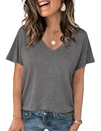 Crewhpo T-Shirt for Women Basic Short Sleeve T Shirts V Neck Solid Colour Tees Summe Casual Loose Lightweight Cotton Tops A-Grey