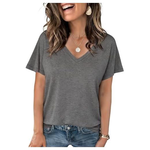 Crewhpo Tunika Damen Sommer T-Shirt mit V-Ausschnitt T Shirt Baumwolle Basic Top Einfarbige Casual Oberteile Kurzarm Stretch Bluse Lockeres Elegant Grau