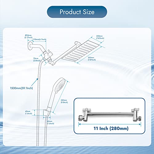 Cinwiny Rain Shower Head With Hand Held Sprayer Combo Polished Chrome Wall Mounted 8" 4-Setting Shower Head With 11 Inch Extension Arm High Pressure Handheld Showerhead Set With Hose,Flow Regulator #TOP5