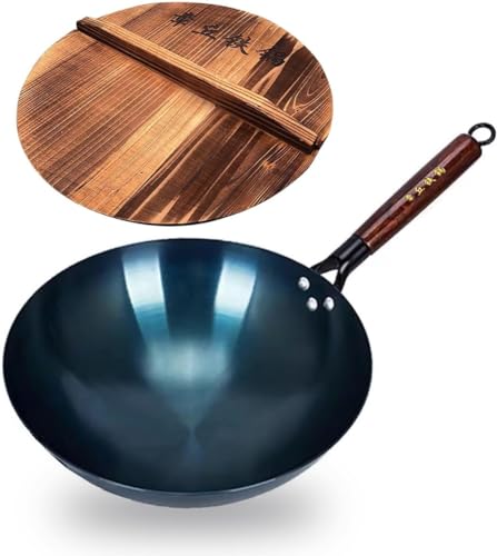 TKRADISH 14 Inch Chinese Hand Hammered Iron Wok and Stir Fry Pans with Wooden Handle and Lid Round Bottom Wok Pan Non-stick No Coating Ideal for Home Use and Gift Giving
