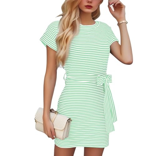 Women Short Sleeve Striped Dress Tie Waist Crew Neck Slim Beach Vacation Going Out Summer Casual Fashion Soft Dress2