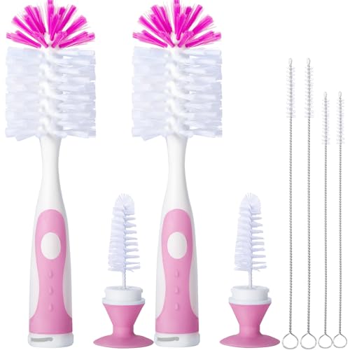 Image of CAREBABYMORE 2 Pack Baby Bottle Brush with 4 Pack Straw Brushes, 10.2" Nylon Brushe with Nipple Cleaner and Stand Suction Cup, Pink