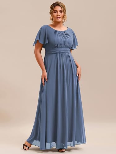 Image of Ever-Pretty Plus Elegant Formal Dresses for Curvy Women Round Neck Short Sleeves Chiffon Bridesmaid Mother of The Bride Dress