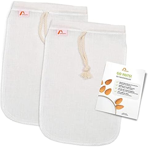 Amazy Set of 2 Nut Milk Bags made of hemp + 8 chalk labels and inserts with tips | 100% natural - The cloth strainer filter made for almond milk, fruit juice and smoothies (2 pieces | 20 x 30 cm) Cover