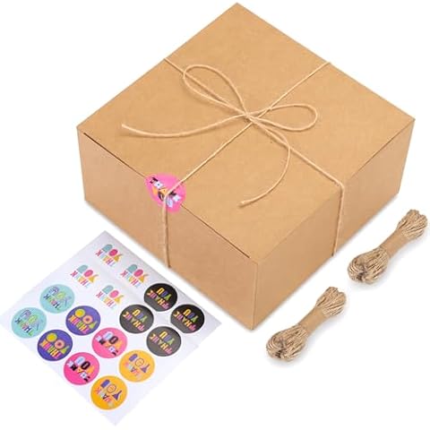 Bssay 10 Pack Brown Gift Boxes, 8x8x4 Inches Kraft Paper Boxes with Lids for Valentine's, Birthday party and Christmas,Wedding,Easy Assemble Bridesmaids Proposal Boxes,With 66ft Twine Cover