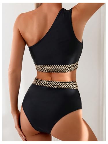 Milumia Women's Two Piece High Waisted Bikini Set Strap One Shoulder Stitch Colorblock Swimsuit3