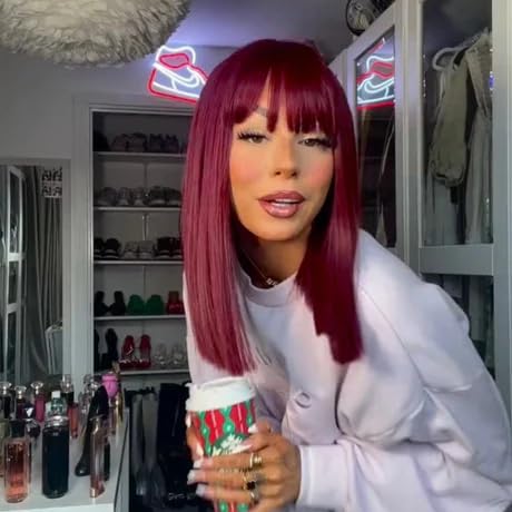 Miniatura 6 de Peluca lacia roja NATALE con flequillo completo, corte Bob, pelucas sin pegamento para mujer, pelucas sintéticas naturales para uso diario (pelucas