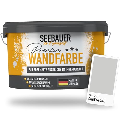 SEEBAUER diy Wandfarbe Grau 2,5L für Innen (No. 222 Grey Stone) Edelmatte hellgraue Innenfarbe - Grautöne sehr hohe Deckkraft - Matt, Abwaschbar und Tropffrei
