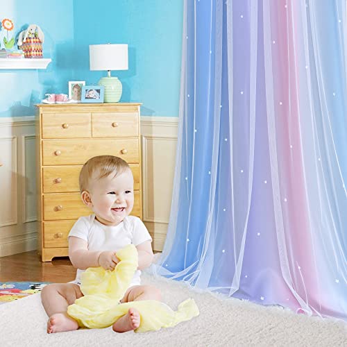 Kinryb Christmas Ombre Star Curtain For Girls Bedroom Double Layer Grommet Curtains Star Hollowed Curtain Rainbow Stripe Princess Curtains With Tie Backs Yellow/Grey 52W X 108L 2 Panels #TOP5