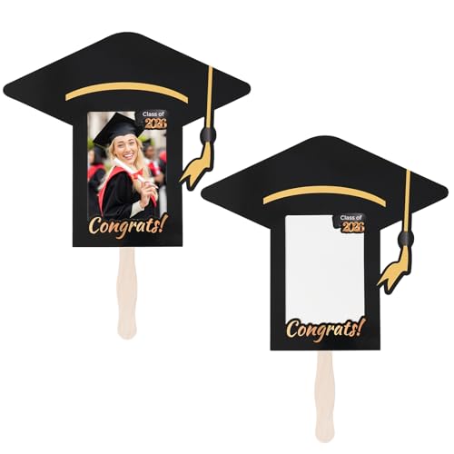 12 Pcs 2026 Graduation Hand Fans - Black Grad Cap with Gold Tassel Photo Frame Props for 4x6 Inch Pictures Big Head Cutout on Stick for Grad Party & Prom Decoration