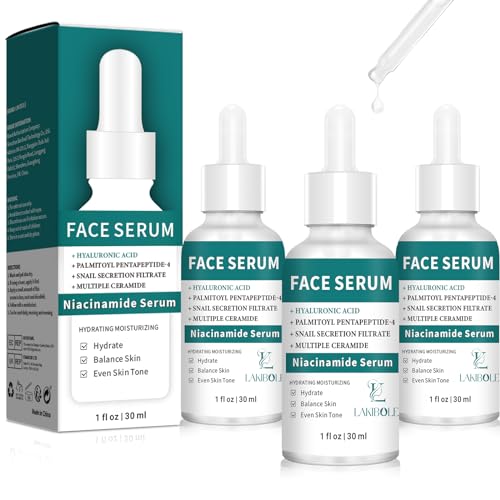 LAKIBOLE 3 Pack 5% Niacinamide Serum with 1% Ceramide T5 & 1% Snail Secretion for Balanced Hydration & Tone (1fl.oz/30ml)