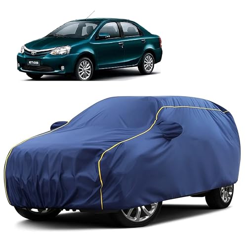 Image of Sulfar 100% Water Resistant Car Body Cover Compatible with Mirror for Toyota Etios (Triple Stitched, Full Bottom Elastic, Blue Taffeta with Yellow Piping)