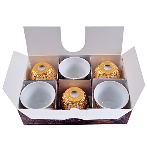 Lamodahome Espresso Coffee Cups With Removable Metal Holder Saucers Set Of 6 , Porcelain Turkish Arabic Greek Coffee Cups For Women, Men, Adults. Cappuccino Cups For Latte - Silver Color #TOP6