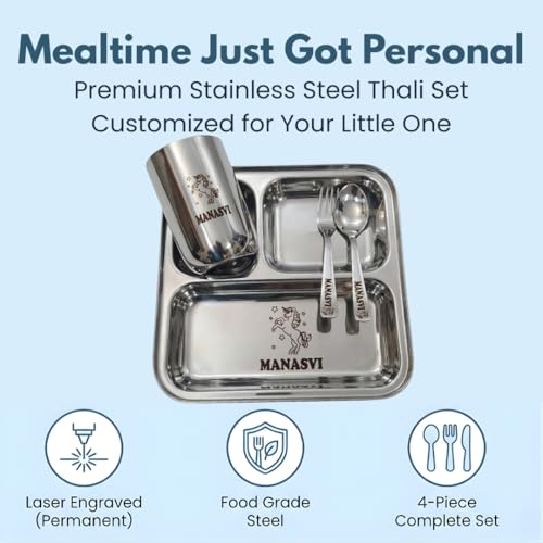 Image of Stainless Steel Namoh Customizations Customized Solid Thali Set for Kids with Name: Personalized Thali Set with Name, Silver
