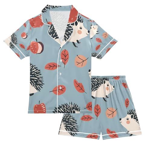 senya Hedgehog and Leaves Satin Summer Pajama Sets Silk Short Sleeve Button Down Sleepwear