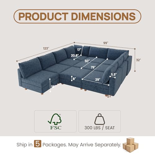 Image of 99 inch Modular Sectional Sleeper Sofa Bed with Storage & Washable Covers, 10-Seater Chenille Modular Sofa Bed with Movable Ottoman Chaise, Convertible Sleeper Sectional Couches for Living Room, Blue