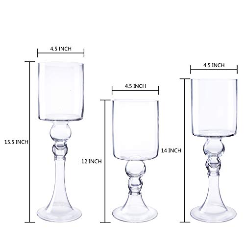 Diamond Star Set Of 3 Long Stemmed Clear Glass Candle Holder Elegant Hurricane Pedestal Tea Light Holders (15.5", 14", 12" Height , 4.5" Diameter) #TOP1