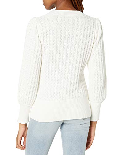 Image of Cable Stitch Women's Textured Henley Sweater - Crewneck Long Sleeve Pleated Shoulder Cotton Ribbed Pullover Top