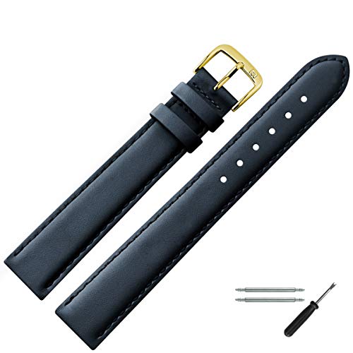MARBURGER Uhrenarmband 14mm Leder Blau Gold XL Glatt Mit Naht - Montage Set 6601451000220
