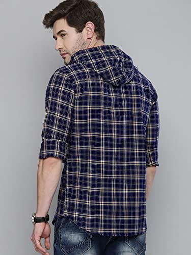 Image of The Indian Garage Co Men Slim Fit Checkered Full Sleeves Hooded Casual Shirt