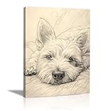 WUFIEA Leinwand Bilder Deko Bilder Wandbilder Hund Skizze der Westküste für Küche Büro Wohnzimmer Wanddeko(Weiß)-40x60cm Gerahmt