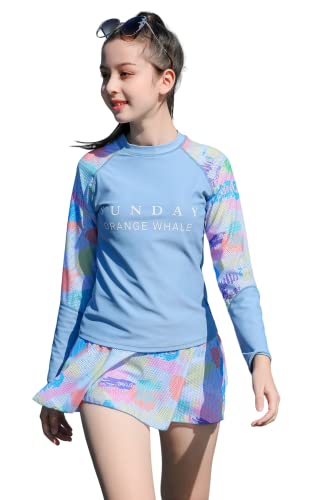 Image of Girls Two Piece Swimsuit Long Sleeve Rash Guard Sets with Skirt for 9-16 Years