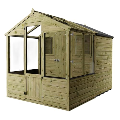 Image of WALTONS 8 x 6 Traditional Greenhouse with Shed Section | Apex Roof | Shiplap Tongue and Groove | Wooden Garden Plant Potting Shed Greenhouse | Opening Vent | 10 Year Anti Rot Guarantee | 4 x 6 4ft 6ft