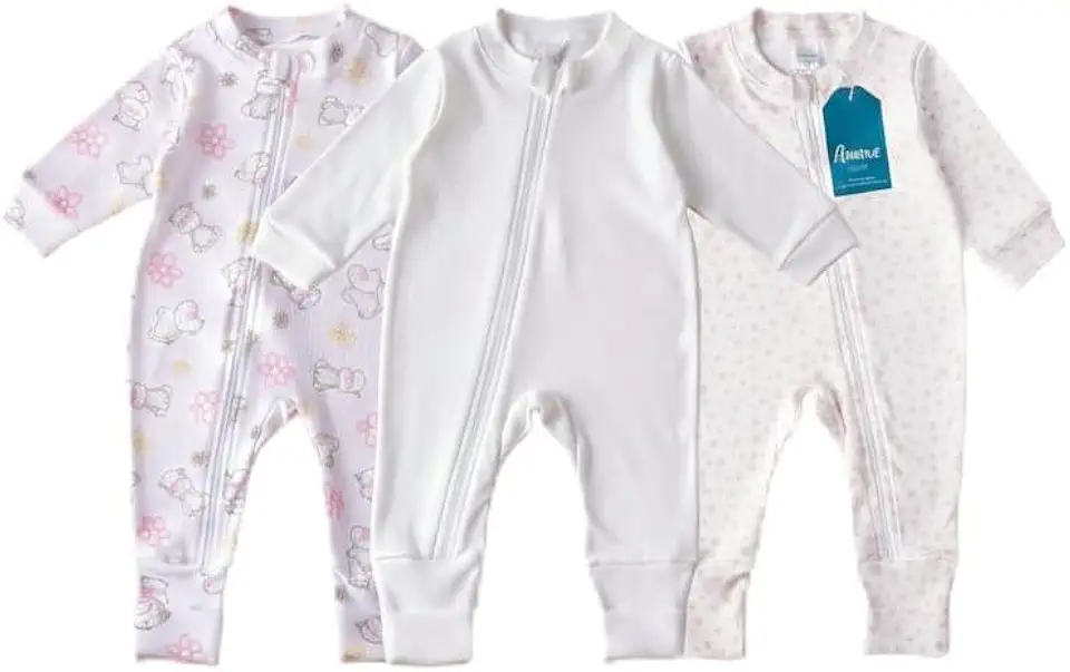 Kit com 3 Macacões Bebê Vira Pé Amiguinha Floral 100% Algodão com Zíper e Proteção