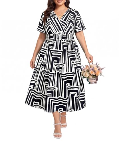 Image of CARCOS Plus Size Dresses for Curvy Women V Neck Summer Maxi Dress Short Sleeve Floral Boho Dress Smocked Waist Beach Dress