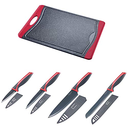 Westmark Set de Découpe/Couteaux 5 pièces, 1 grande Planche à Découper et 4 Couteaux, PP/TPE/ acier inoxydable, rouge/anthracite, 145222E6