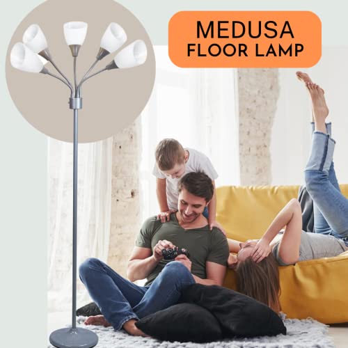 Lightaccents Modern Multi Head Floor Lamp - Medusa 5 Light Standing Lamp Tall Bedroom Lamp With 5 Positionable Bright Acrylic White Shades With 3-Light Mode Switch(Silver) #TOP1