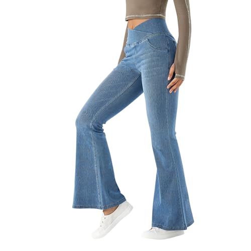 Bell Bottom Jeans for Women Crossover Elastic Waist Jean Leggings Stretchy High Waisted Denim Pants with Pockets3