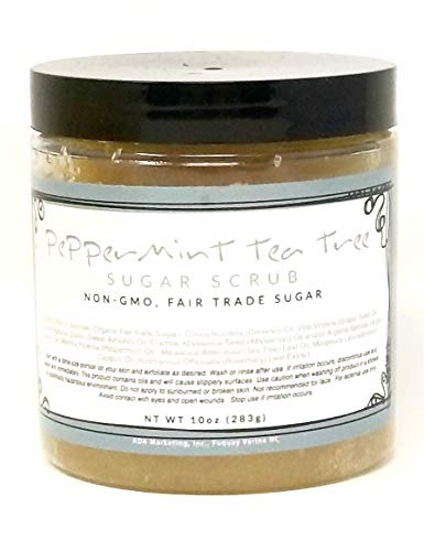Peppermint Tea Tree Sugar Scrub with 8 Organic Essential Oils - Organic Fair Trade Non GMO Sugar with Rosemary Leaf Extract and Hydrating Argon Oil - Gently Exfoliates and Nourishes for Silky Skin