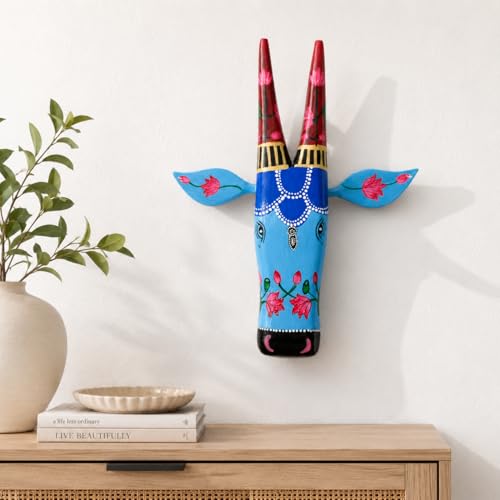 Image of PEDEX - Handcrafted Multicolor Wooden Cow Head Wall Hanging | Ethnic Indian Wooden Handcraft | Decorative Animal Face Mask for Wall Decoration | Nandi Inspired Sculpture