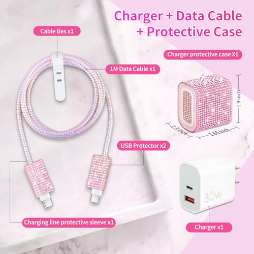 Image of Aolcev for iPhone Charger Fast Charging Bling USB C Wall Charger Block 30W Type C Cord Fast Charging Blocks with USB C Cable for iPhone 17 16 15 Pro Max iPad Galaxy S26 Bling Phone Charging Pink