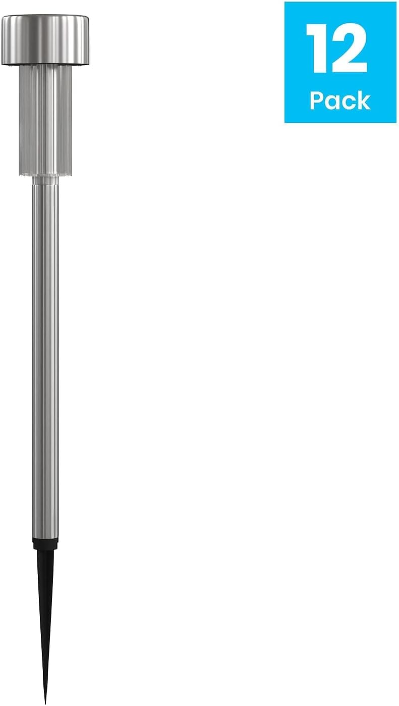 Flash Furniture Hartford 12 Pack LED Solar Lights - All-Weather Stainless Steel Outdoor Solar Powered Lights - Landscape Lighting for Pathway, Garden, & Yard