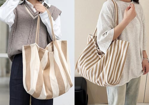 Image of Striped Canvas Tote Handbag for Women Vertical Stripe Large Capacity Shoulder Bag for Shopping Travel