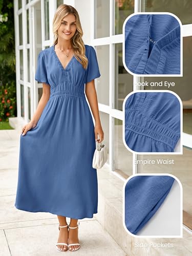 Image of Simplee Women's Summer Flowy Midi Dress Casual V Neck Short Sleeve Empire Waist Boho Beach Dress Wedding Guest Maxi Dress