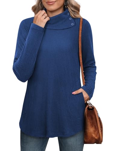 Bulotus Womens Turtleneck Sweaters Ribbed Knit Split Cowl Neck Tunic Sweaters