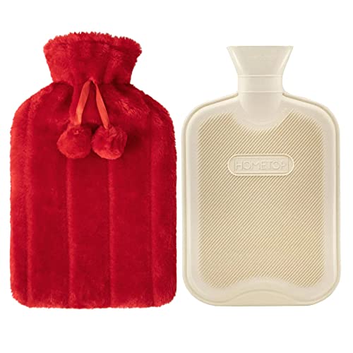 Hometop Premium Classic Rubber Hot Water Bottle And Luxurious Faux Fur Plush Fleece Cover W/Pom Pom Decor (Red) #TOP30