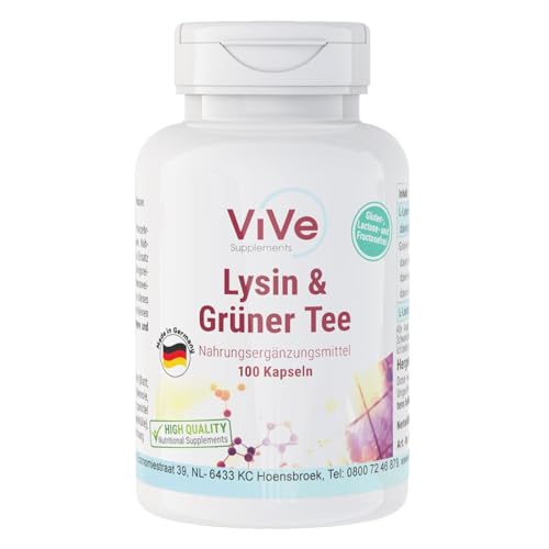 L-Lysin & Grüner Tee Extrakt - 100 vegane Kapseln, 400mg / 200 mg, Polyphenole und EGCG, Großpackung für 100 Tage | Qualität aus Deutschland von ViVe Supplements