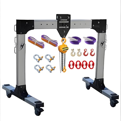 Aluminum Gantry Crane 4400 LBS, Span Adjustable 9.1 FT ~ 14 FT, Height Adjustable 8.7 FT ~ 13.6 FT, Portable Gantry Crane with Hoist and Rigging Kit (4400 LBS, Span 9.1 FT)