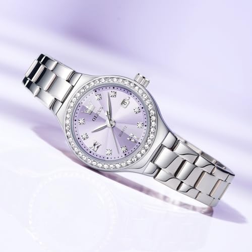 OLEVS Watch Women Purple Watches for Women Luxury Silver Ladies Watches Diamond Small Face Women's Wrist Watch Dress Stainless Steel Waterproof Dainty Analog Quartz Date Elegant Reloj para Mujer — view 2