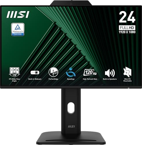 MSI PRO MP242PMG, 24-inch IPS 1920 x 1080 (FHD) Computer Monitor, 120Hz, Webcam, Adaptive-Synch, EPEAT Silver, HDMI, DisplayPort, VGA Port, VESA Mountable, Tilt, Height Adjustable, Speaker, 1ms, Black