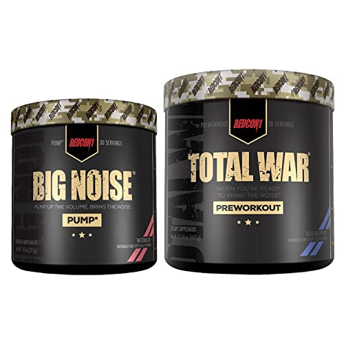 Redcon1 Total War Preworkout (Blue Raspberry) & Big Noise Non-Stim Preworkout Powder (Watermelon) Stack - Pre Workout Duo For Energy, Focus & Endurance - Keto (2 Products, 30 Servings Each) #TOP18
