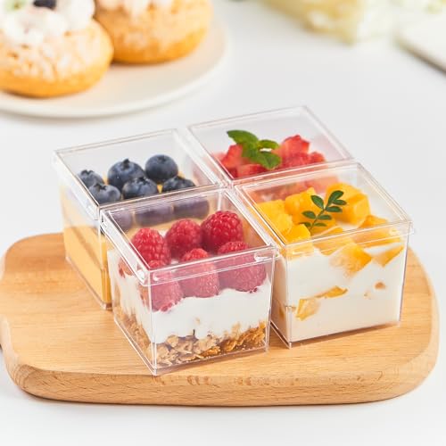 Zezzxu 50 Pack 5 oz Mini Square Dessert Cups with Lids and Spoons, Clear Plastic Parfait Cups Small Shooter Cups for Appetizer Puddings Mousse Ice Cream Fruit