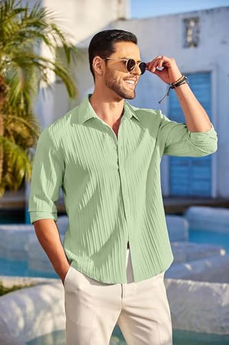 Image of DEELMO Men's Button Down Dress Shirts Textured Long Sleeve Casual Hawaiian Beach Shirt
